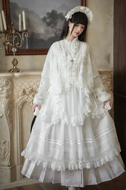 ロングスカート 花柄袖 パープル + ロリータプリント 漢馬顔とライトブラウス ホワイトセット フルスネーク