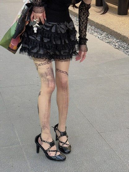 Asymmetrical Grunge Print Tights - Edgy Artistic Tattoo Style, Nude & White