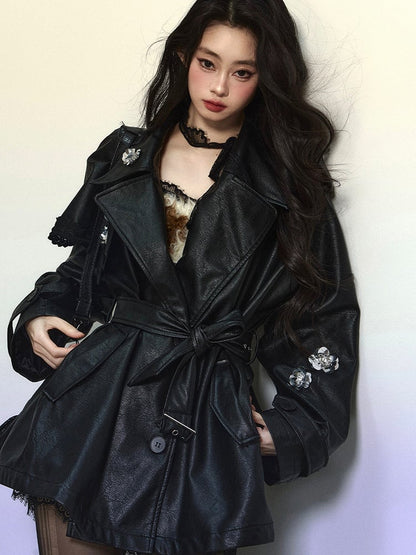 ブラックフローラルノッチカラーPUブレザー