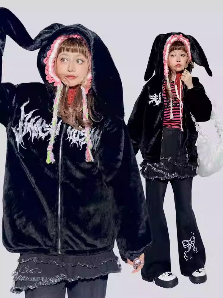 Pastell Punk Hase/Kätzchen Ohren Kapuze Plüschmantel
