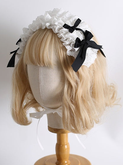 詳細 ヘアバンド ロリータ メイド 蝶結び ブラック ホワイト フリル