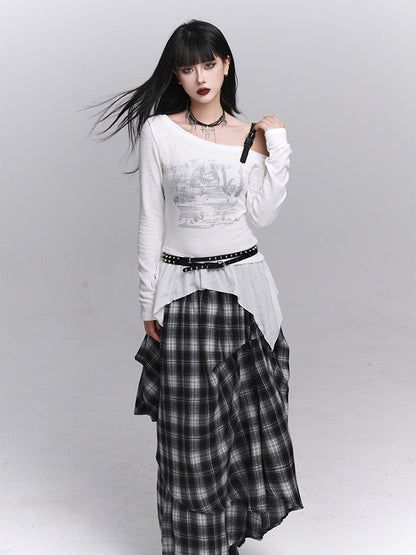 White Gothic Top Graffiti Neck with Asymmetrical Hem