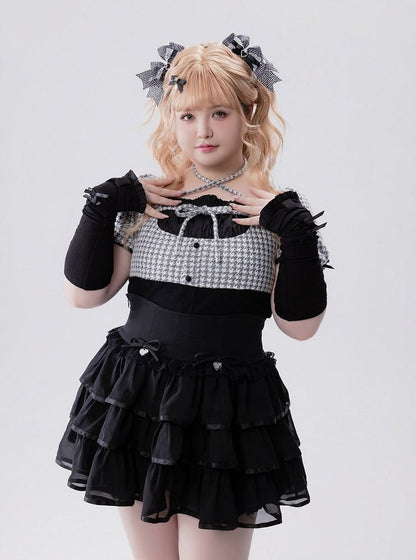 Black Faux Two-Piece Houndstooth Halter Knit Top with Arm Warmers - Fluffy Heart