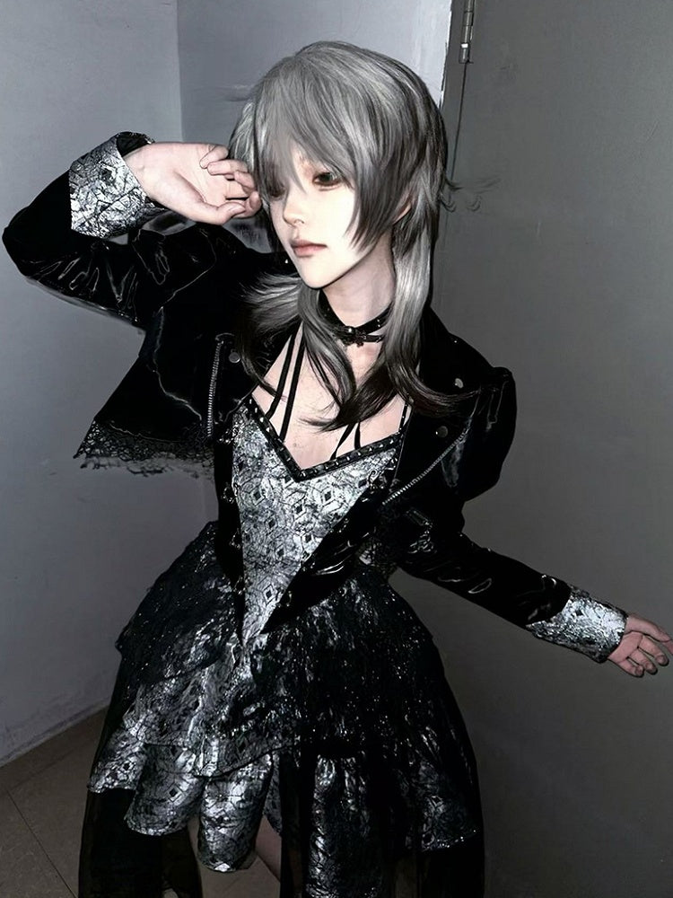 ブラック 45cm 王子前髪 オンブル ストレート グレー スタイル付き 長さウィッグ