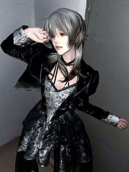 ブラック 45cm 王子前髪 オンブル ストレート グレー スタイル付き 長さウィッグ