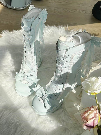 Lolita Lace Bow with Sweet Boots Heeled 8cm Details Blue Trim