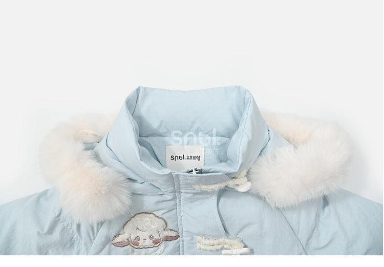 Blauer süßer Daunenmantel mit Lammapplikation und Schleife