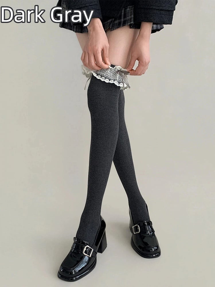 Colors) Lace Bow Ruffle Ribbed (5 Stockings Thigh-High