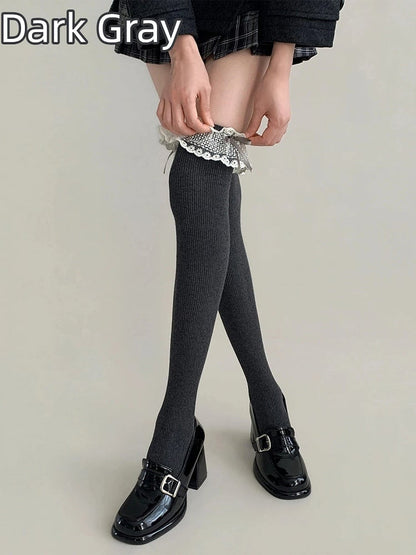 Colors) Lace Bow Ruffle Ribbed (5 Stockings Thigh-High