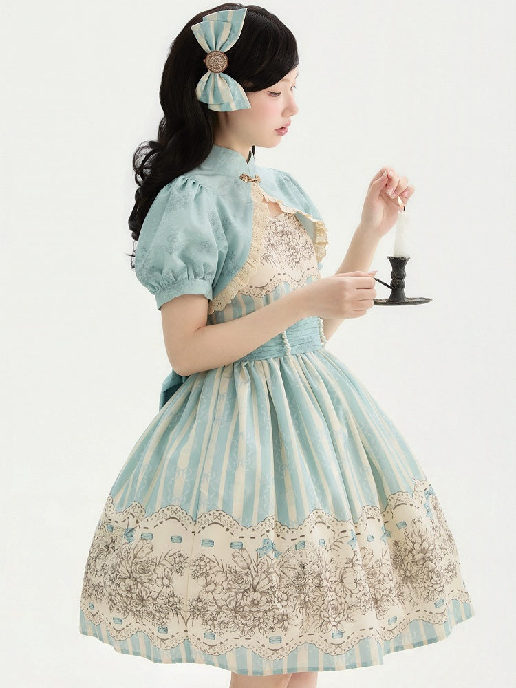 Clock Print and Short Blue Version Lolita Classic Floral Skirt Jumper