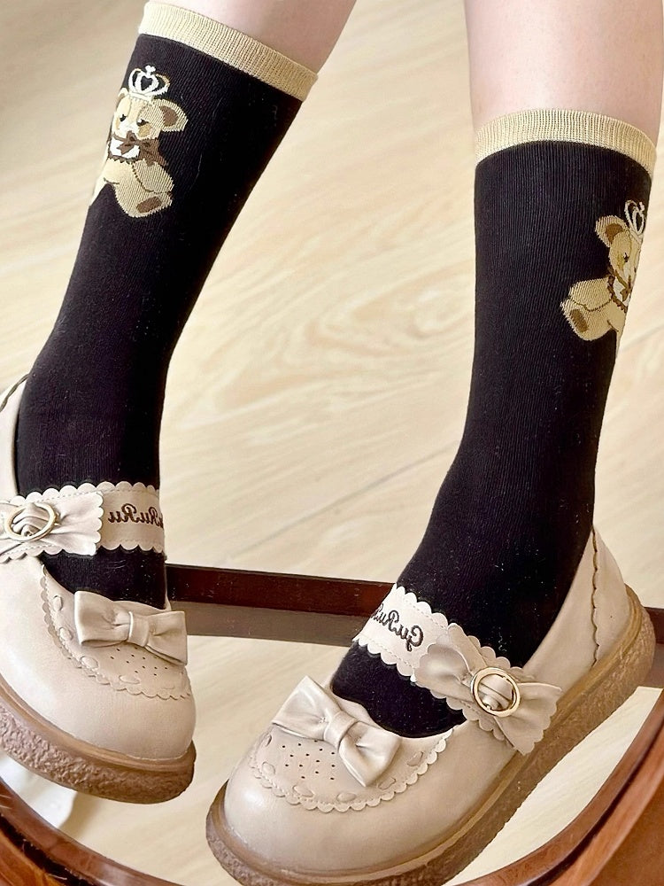 Braune Lolita-Teddysocken mit Kalbsbär-Print