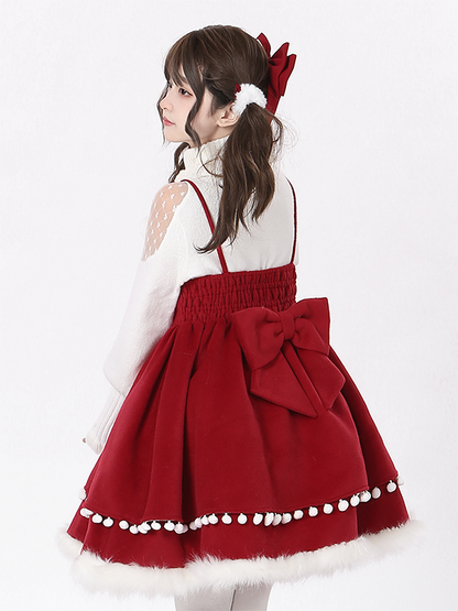 Accents Jumper Skirt with Lolita Self-tie Bow Wine Shoulder Sweet Detachable Straps Christmas Red