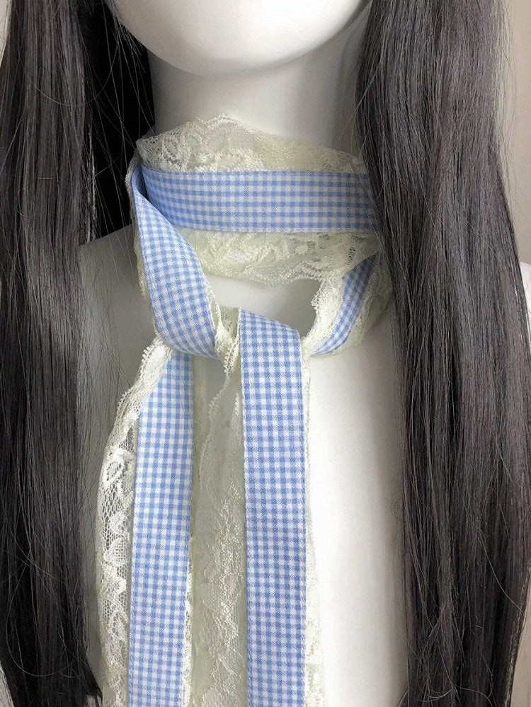 Blue Plaid Scarf with Lace Trim - freetrader