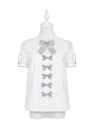 Illusion Details Weiß Grau Bowknot Jirai Kei Ausschnitt Bluse