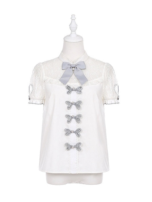 Illusion Details Weiß Grau Bowknot Jirai Kei Ausschnitt Bluse