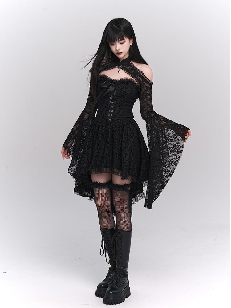 Gothic Black Banded Collar Bell Sleeves Lace Shrug