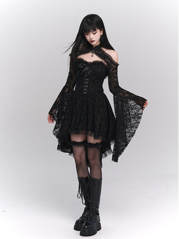 Black Gothic Off-the-shoulder Ruffled Lace High-low Neckline Dress