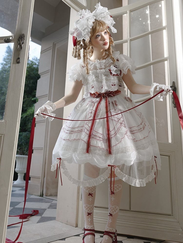 Bowknots Scalloped Red White Edge and Dress Cherry Lolita Embroidered with Overlay Trim Hime