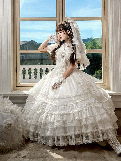 Ivory Floral Embroidered Lolita Gown with Lace Trim and Bow Train - Mademoiselle Pearl