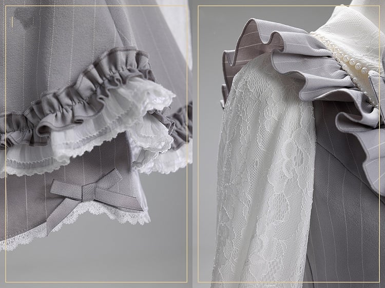 Bow Scalloped Brooch Outfit: with Edge Striped Detachable Shorts Elegant Jirai Gray Kei Top