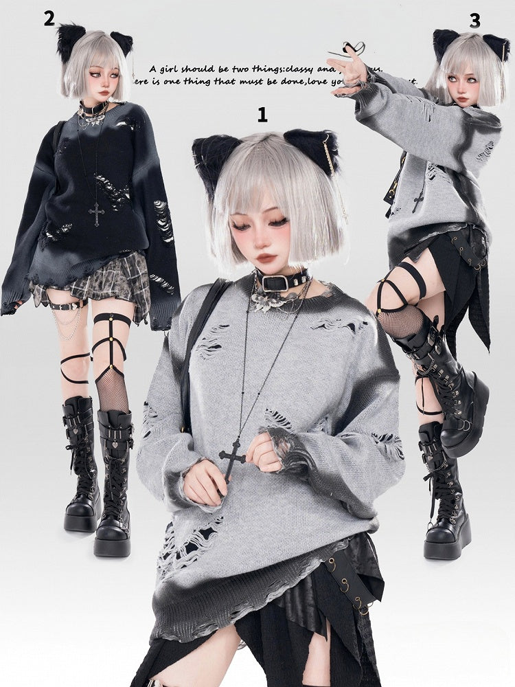 Y2K ブラック/グレー バタフライシェイプ ダメージ加工 ホールズ ラウンドネック セーター