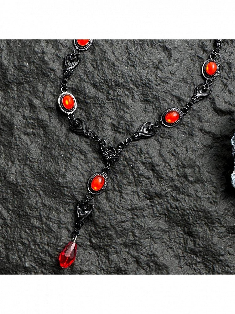 Black Gothic Necklace with Red Rhinestones - YSHXS