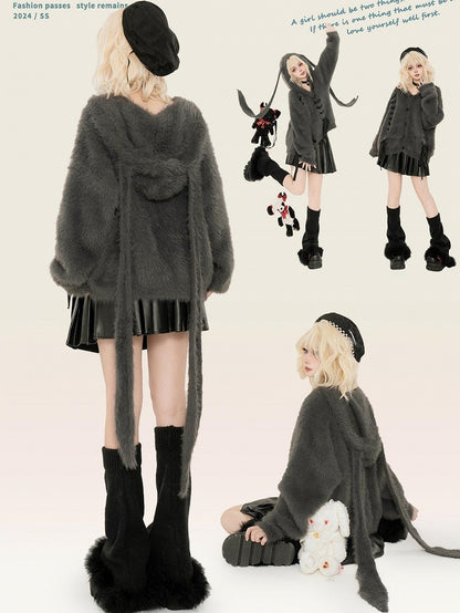 Dunkelgraue, flauschige Strickjacke mit Kapuze und Hasenohren
