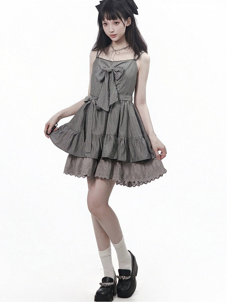 Graphite Halterneck Slip Dress with Lace Details and Ribbon Bow - PINK SAVIOR