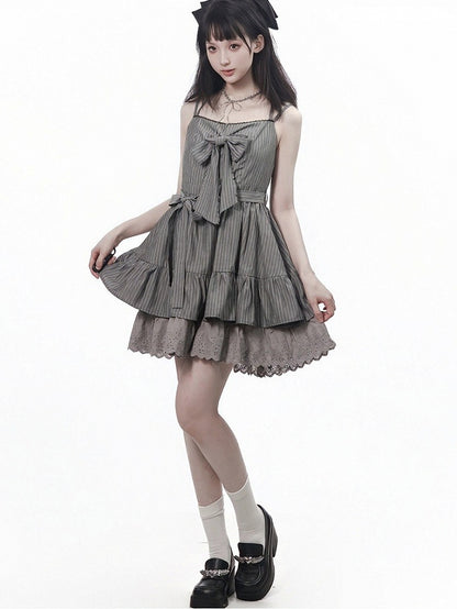 Graphite Halterneck Slip Dress with Lace Details and Ribbon Bow - PINK SAVIOR