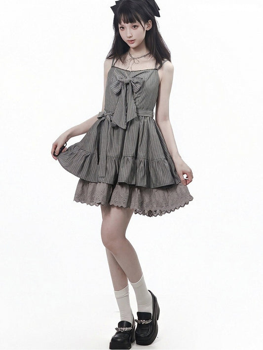 Graphite Halterneck Slip Dress with Lace Details and Ribbon Bow - PINK SAVIOR