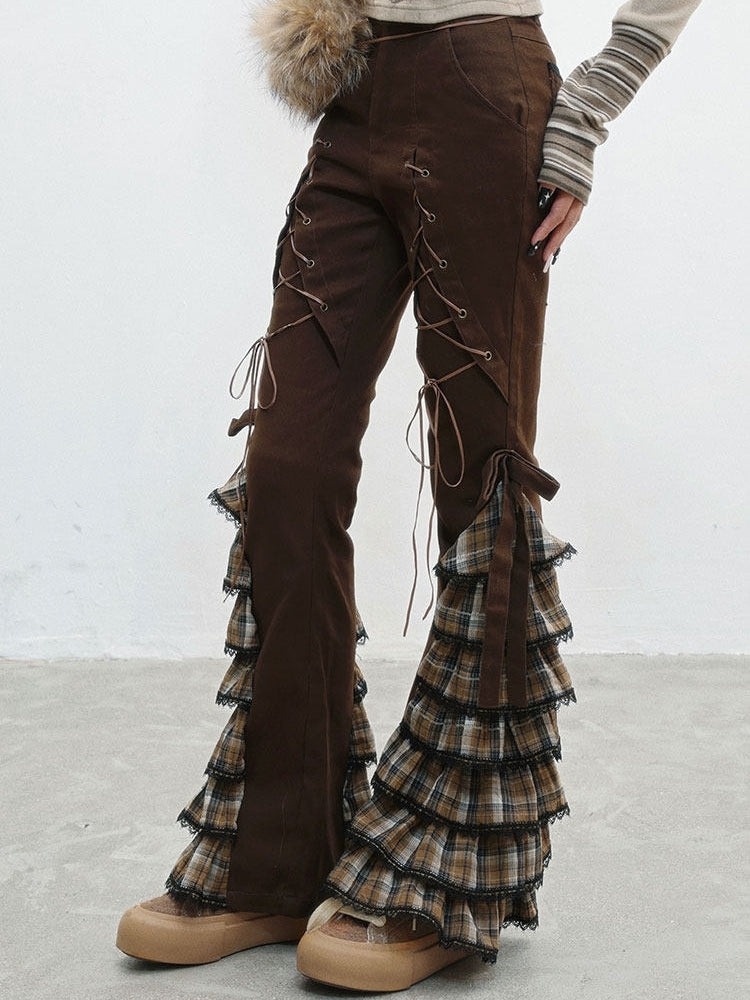 Brown - Pastel Lace-up Pants Details Punk