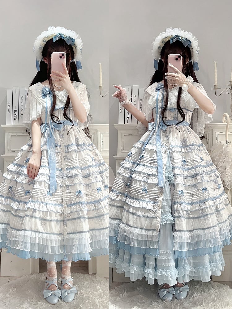 Ruffles White Floral Version Short Blue Lolita Classic Print Elegant Layered Dress