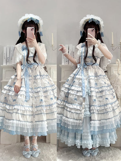 Ruffles White Floral Version Short Blue Lolita Classic Print Elegant Layered Dress