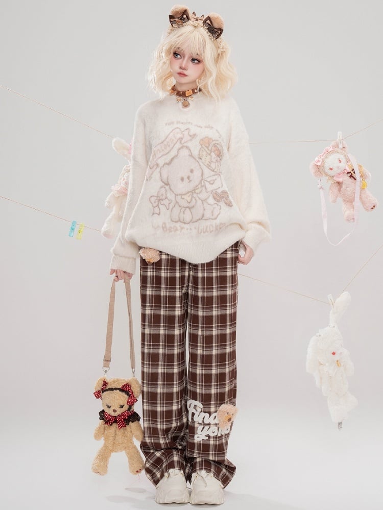 Süße, mit Bären verzierte, gerade geschnittene Hose in Kamelkaro