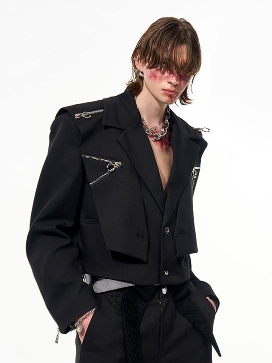 Two-piece Notched with Black Detachable Cape， Details Shoulder Unisex Zip Short Collar Jacket