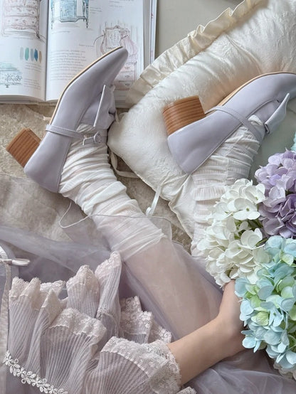 Bow Embellishments Heart Mary Elegant Purple Closure Janes Lolita Mid-heel for with