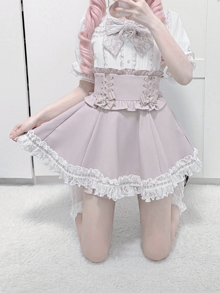 Landmine Pink and White Lace Peter Pan Collar Short Sleeve Blouse with Bow Tie - shirohato