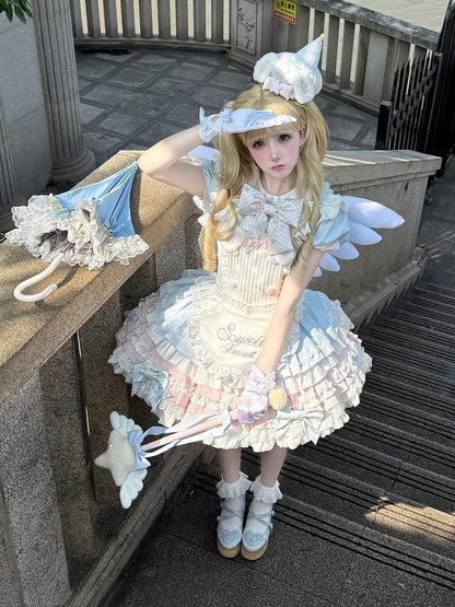 Süßes blaues Puffkleid mit Maid Bunny-Motiv in Pink und Lolita-Ärmeln