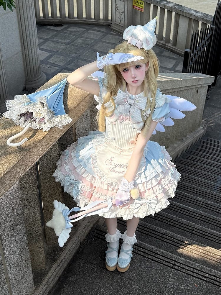 Lolita Blue Bunny Pink Maid und Puff Ärmeln Kleid Süße