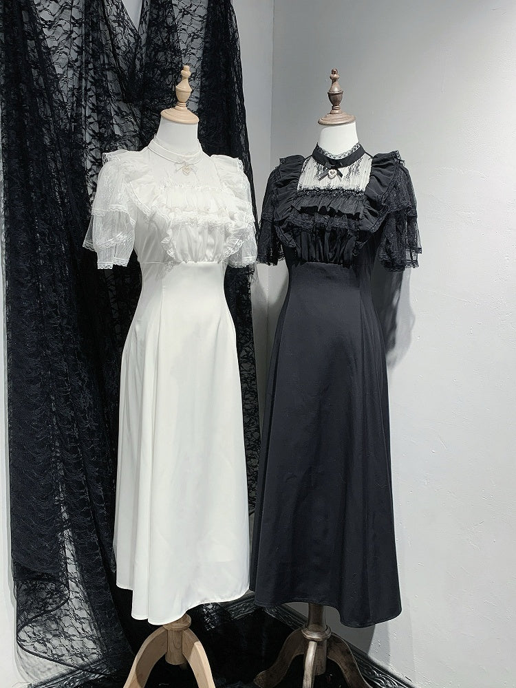 Jirai Kei Schwarz/Weiß Illusion Taille Ausschnitt Rüschen Hohe Spitze Kleid Trim