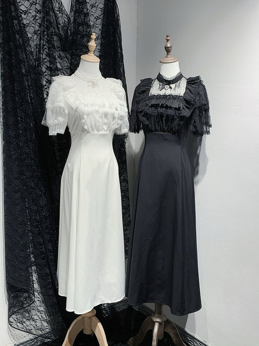 Jirai Kei Schwarz/Weiß Illusion Taille Ausschnitt Rüschen Hohe Spitze Kleid Trim