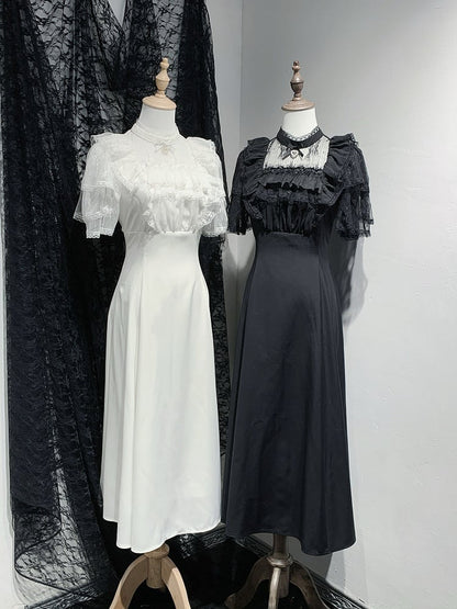 Schwarz/Weiße Spitze im hohen Ausschnitt mit Rüschen an der Taille, Kleidbesatz, Jirai Kei Illusion mit