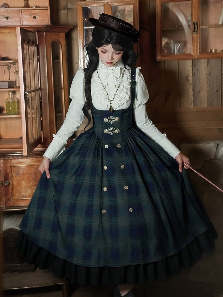 Bust Elegant Lolita Pattern Dress Long Version Under Green Plaid