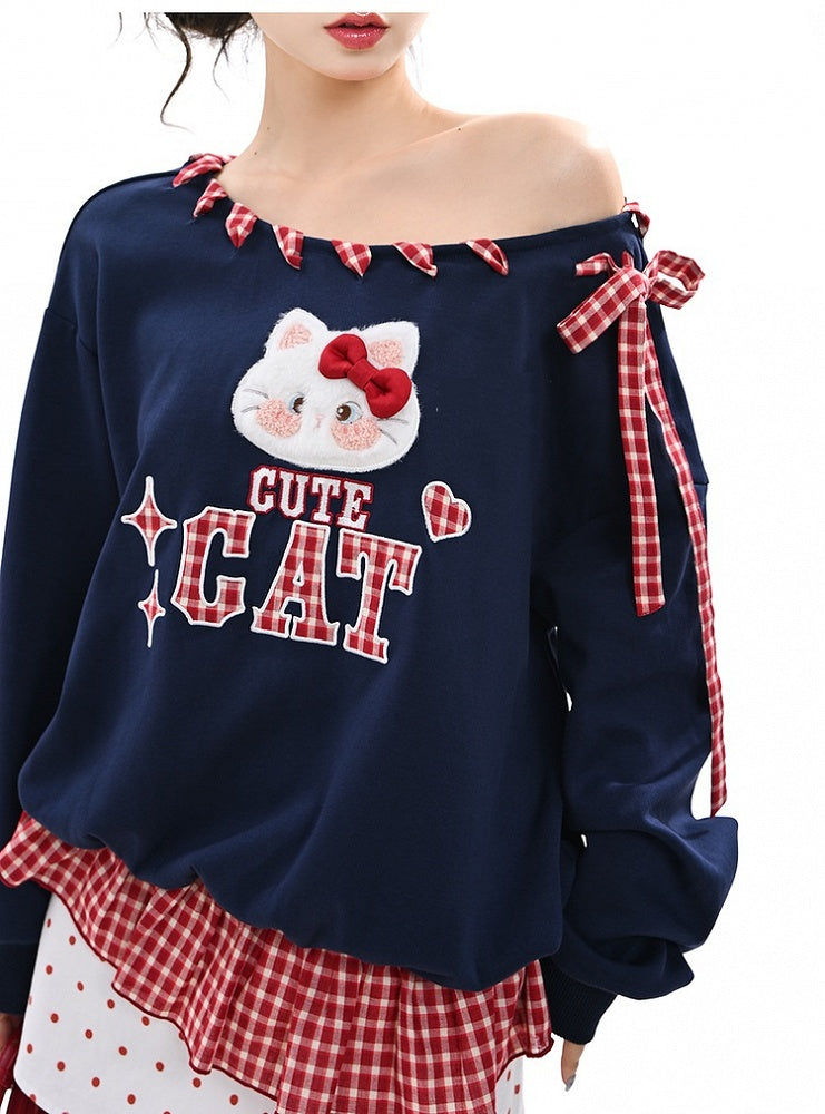 Red Asymmetrical Neckline Kitty Embroidery Applique Navy Plaid Self-tie Sweatshirt Straps at Blue