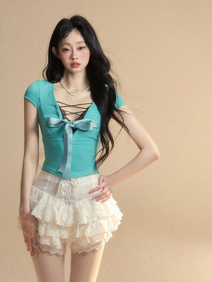 Blue Lace Trim V-Neck Cutout Tiffany Slim-fitting Back T-Shirt Big Bow