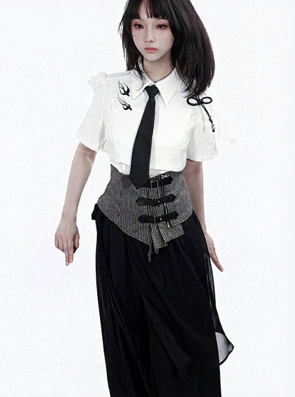 Black Gray Striped Corset Belt with Leather Buckle - PINK SAVIOR