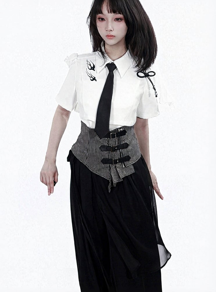 White Cropped Shirt with Leather Knot & Cami Set - PINK SAVIOR