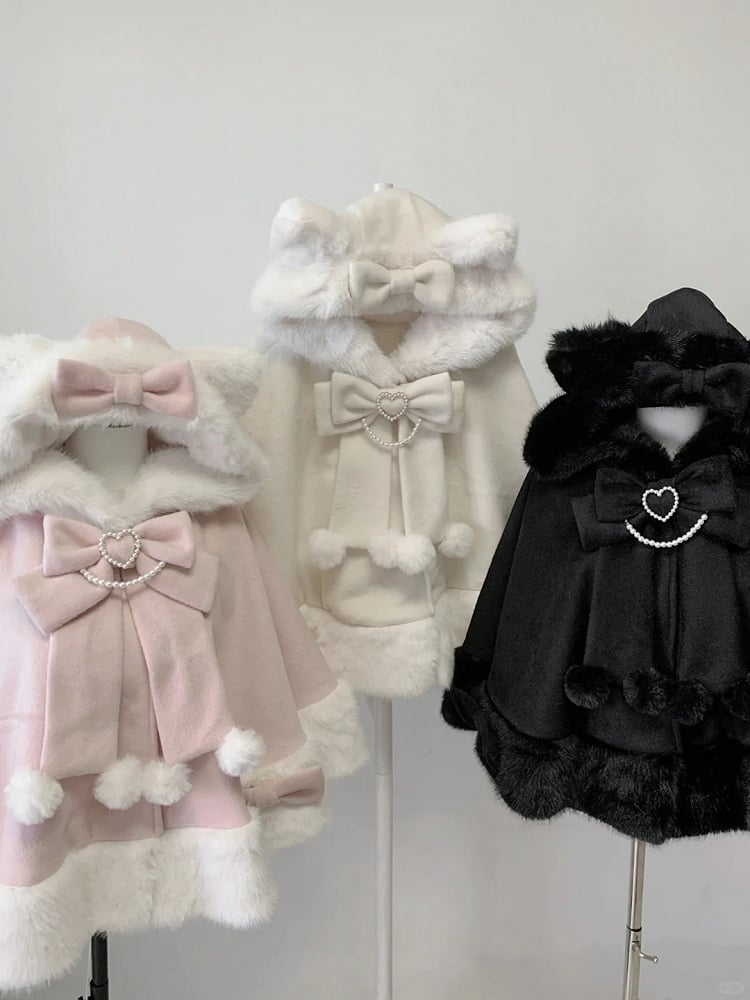 Style Wool Jirai Kitty in Kei - Cape Hooded Plush Pink Ears Kawaii Coat