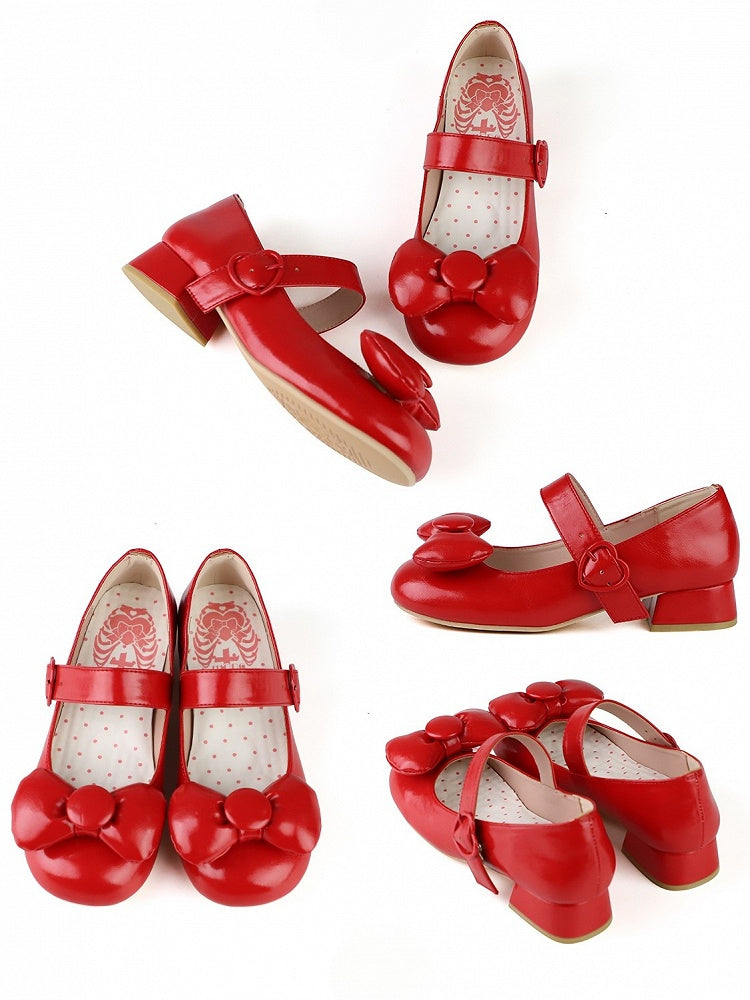 PU Janes Toe Mary Top Lolita Heart Bow - at Buckle Round Red