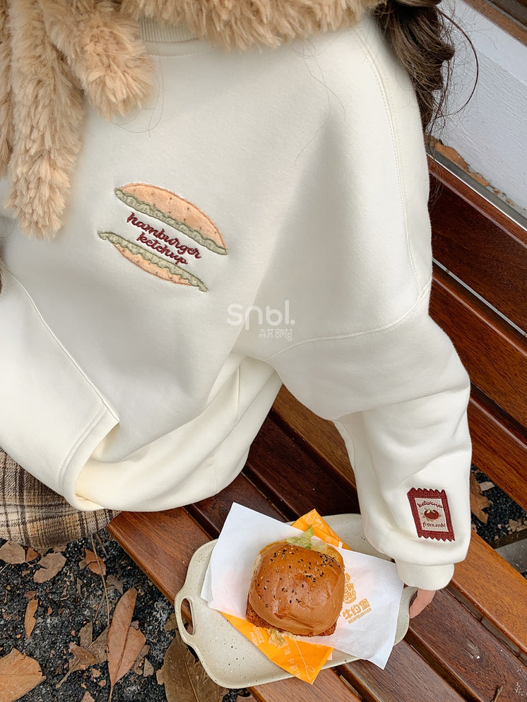 Süße Capybara Burger Applikation Beige Dickes Sweatshirt